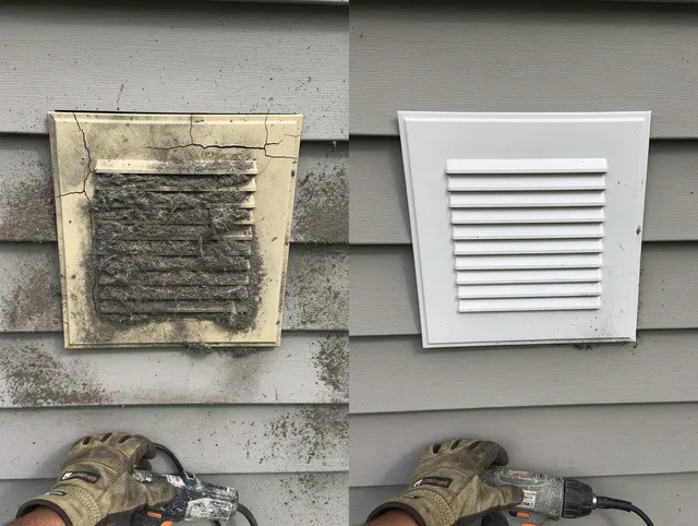 Hinesville Dryer Vent Cleaning technician installing high-quality dryer vent cover at a residential property in Hinesville
