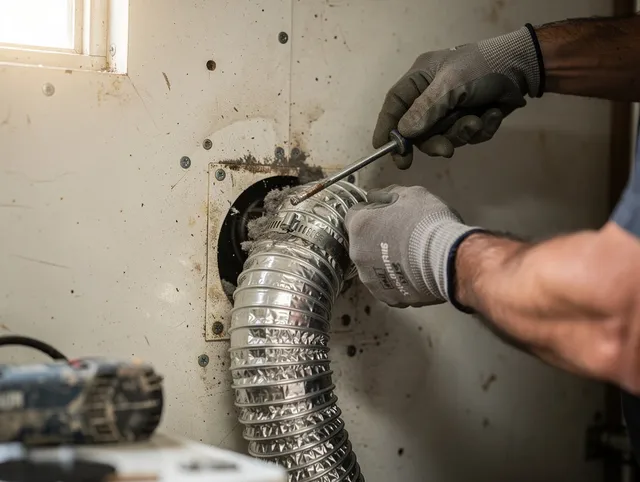 Hinesville Dryer Vent Cleaning technician performing precise dryer vent hose installation in Hinesville
